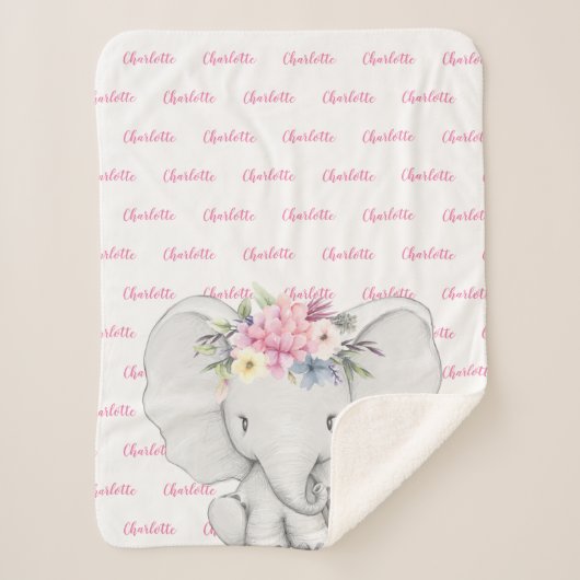 Floral Elephant roze Persoonlijke meisjesnaam Sherpa Deken (Voorkant)