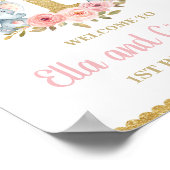 Floral Elephant Twin Girls 1e verjaardag Welkom Poster (Hoek)