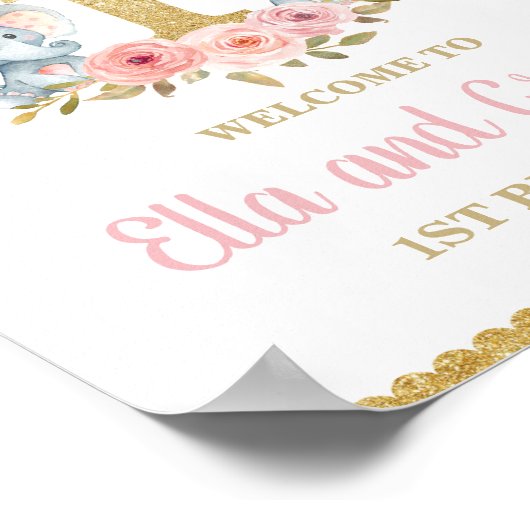 Floral Elephant Twin Girls 1e verjaardag Welkom Poster (Hoek)