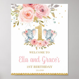 Floral Elephant Twin Girls 1e verjaardag Welkom Poster