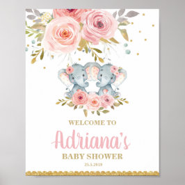 Floral Elephant Twin Girls Baby shower Welkom Poster