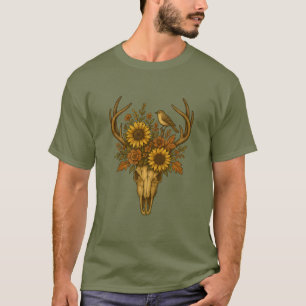 Floral Elk Schedel met Zonnebloemen & Vogel T-shirt