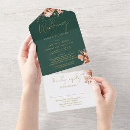 Floral Emerald en Goud Details RSVP Fall Wedding All In One Uitnodiging