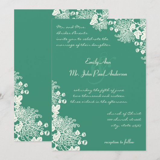 Floral Emerald en Ivory Wedding Invites Kaart (Voorkant / Achterkant)