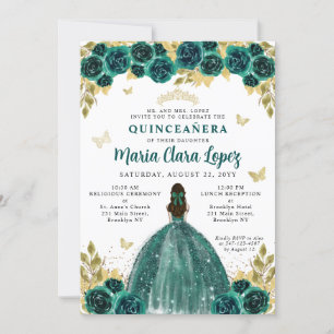 Floral Emerald Gold Butterfly Princess Quinceanera Kaart