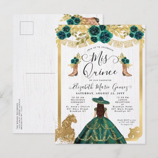 Floral Emerald Green Charra Princess Quinceanera Uitnodiging Briefkaart (Voorkant / Achterkant)