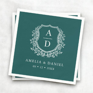 Floral Emerald Green Crest Wedding Monogram Servet