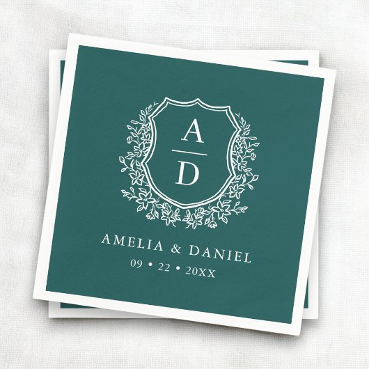 Floral Emerald Green Crest Wedding Monogram Servet