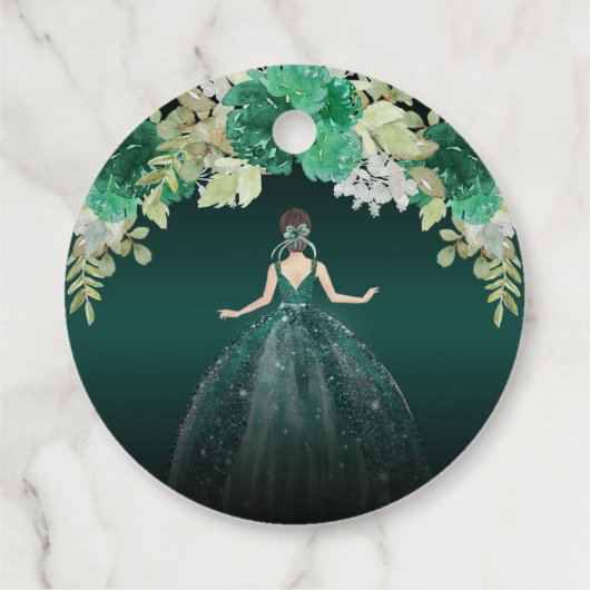 Floral Emerald Green Dress Birthday Quinceanera Bedankjes Labels (Achterkant)