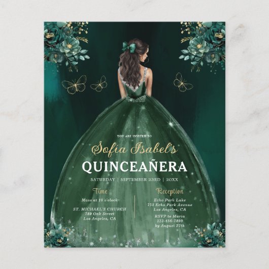 Floral Emerald Green Dress Birthday Quinceanera Flyer (Voorkant)