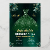 Floral Emerald Green Dress Birthday Quinceanera Folie Uitnodiging (Voorkant)
