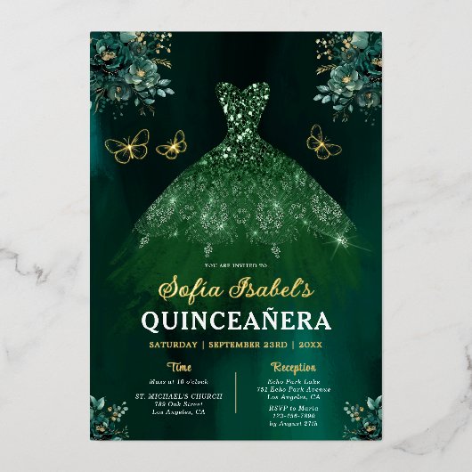 Floral Emerald Green Dress Birthday Quinceanera Folie Uitnodiging (Voorkant)