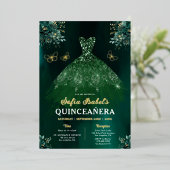 Floral Emerald Green Dress Birthday Quinceanera Folie Uitnodiging (Staand Voorkant)