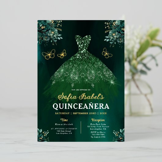 Floral Emerald Green Dress Birthday Quinceanera Folie Uitnodiging (Staand Voorkant)