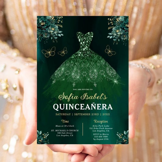 Floral Emerald Green Dress Birthday Quinceanera Folie Uitnodiging