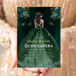 Floral Emerald Green Dress Birthday Quinceanera Folie Uitnodiging