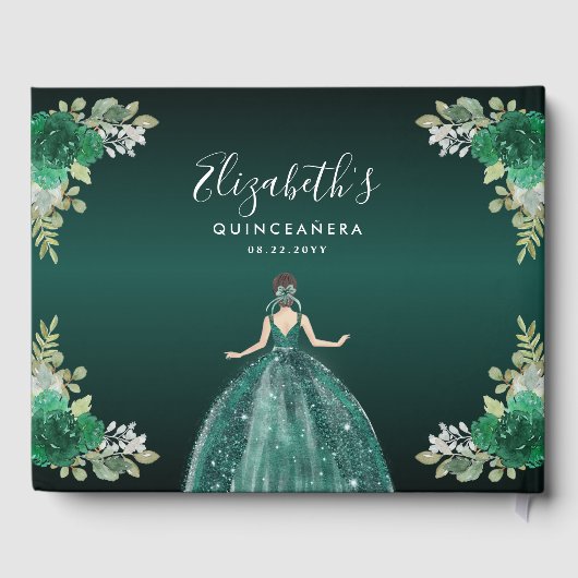 Floral Emerald Green Dress Birthday Quinceanera Gastenboek (Achterkant)
