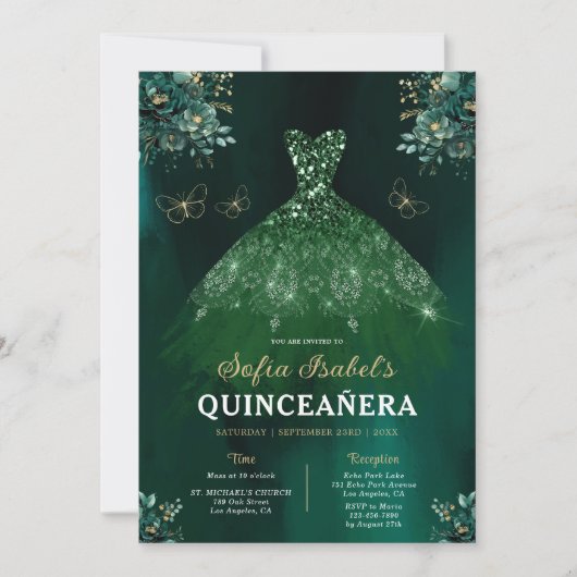 Floral Emerald Green Dress Birthday Quinceanera Kaart (Voorkant)