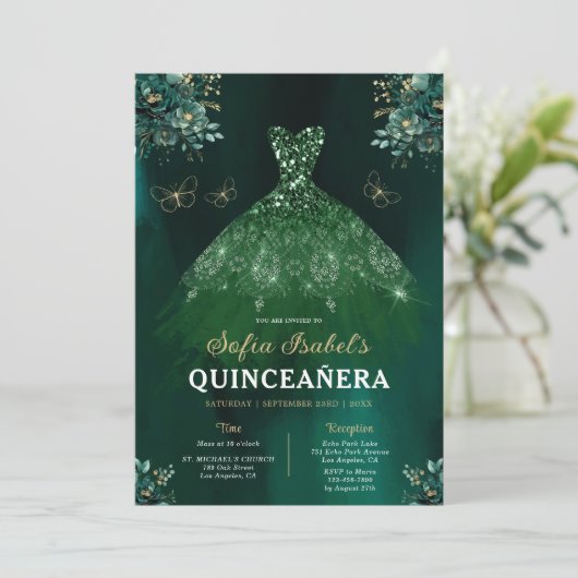 Floral Emerald Green Dress Birthday Quinceanera Kaart (Staand voorkant)