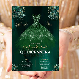 Floral Emerald Green Dress Birthday Quinceanera Kaart