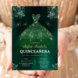 Floral Emerald Green Dress Birthday Quinceanera Kaart