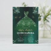Floral Emerald Green Dress Birthday Quinceanera Kaart (Staand voorkant)