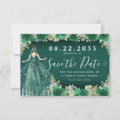 Floral Emerald Green Dress Birthday Quinceanera Save The Date (Voorkant)
