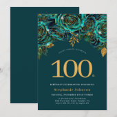 Floral Emerald Green en Gold 100e verjaardag Kaart (Voorkant / Achterkant)
