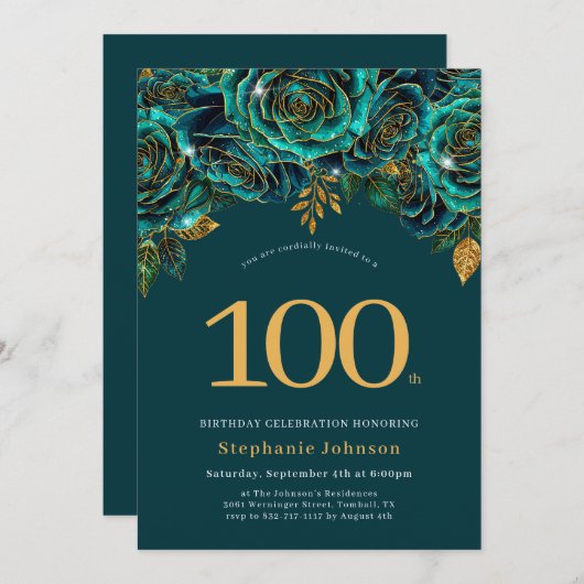 Floral Emerald Green en Gold 100e verjaardag Kaart (Voorkant / Achterkant)