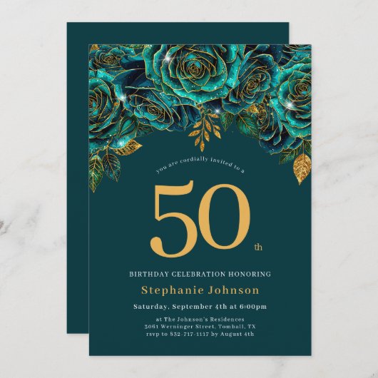 Floral Emerald Green en Gold 50e verjaardag Kaart (Voorkant / Achterkant)