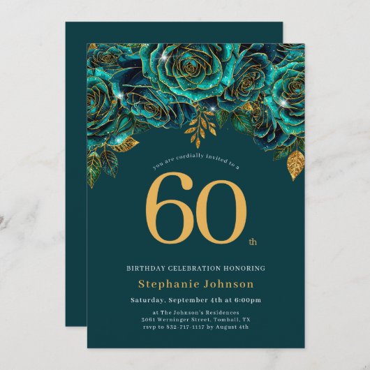 Floral Emerald Green en Gold 60e verjaardag Kaart (Voorkant / Achterkant)