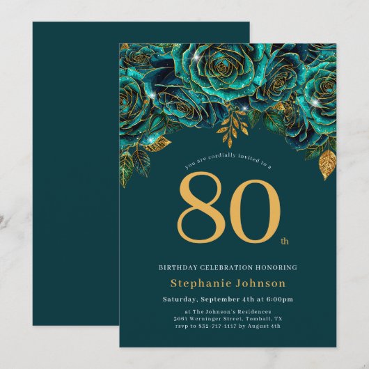 Floral Emerald Green en Gold 80e verjaardag Kaart (Voorkant / Achterkant)