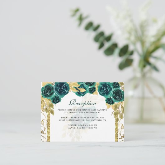 Floral Emerald Green Gold Arch Quinceañera Informatiekaartje (Staand voorkant)