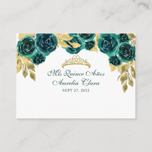 Floral Emerald Green Gold Arch Quinceañera Informatiekaartje (Achterkant)