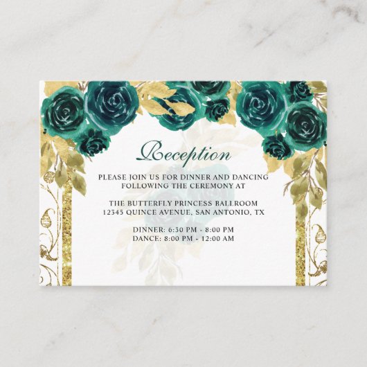 Floral Emerald Green Gold Arch Quinceañera Informatiekaartje (Voorkant)