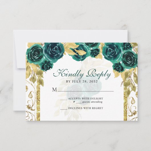 Floral Emerald Green Gold Arch Quinceañera RSVP Kaartje (Voorkant)