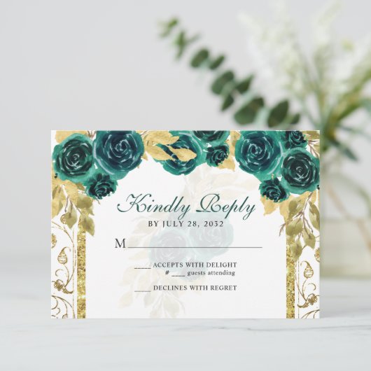 Floral Emerald Green Gold Arch Quinceañera RSVP Kaartje (Staand voorkant)