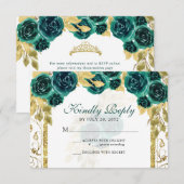 Floral Emerald Green Gold Arch Quinceañera RSVP Kaartje (Voorkant / Achterkant)