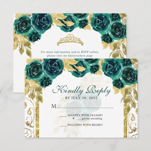 Floral Emerald Green Gold Arch Quinceañera RSVP Kaartje (Voorkant / Achterkant)