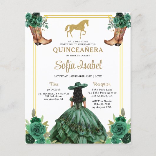 Floral Emerald Green Gold Boots Horse Quinceanera Flyer (Voorkant)
