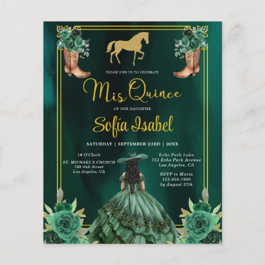 Floral Emerald Green Gold Boots Horse Quinceanera Flyer (Voorkant)