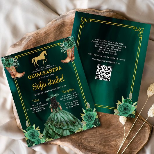 Floral Emerald Green Gold Boots Horse Quinceanera Flyer