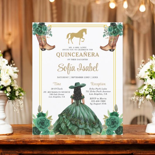Floral Emerald Green Gold Boots Horse Quinceanera Flyer
