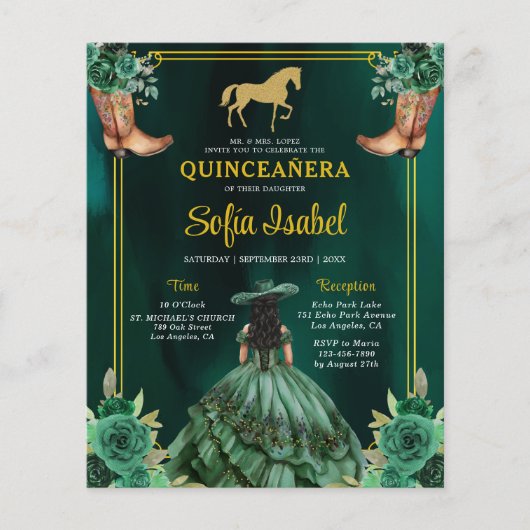 Floral Emerald Green Gold Boots Horse Quinceanera Flyer (Voorkant)