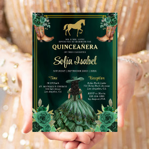 Floral Emerald Green Gold Boots Horse Quinceanera Folie Uitnodiging