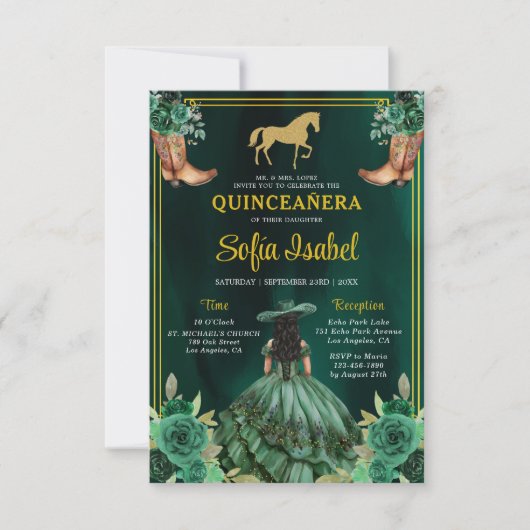 Floral Emerald Green Gold Boots Horse Quinceanera Kaart (Voorkant)