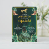 Floral Emerald Green Gold Boots Horse Quinceanera Kaart (Staand voorkant)