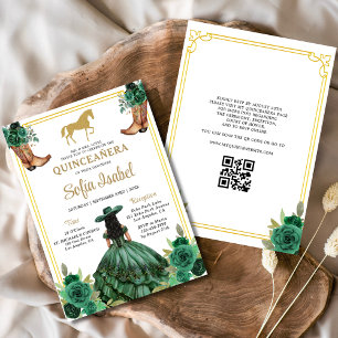 Floral Emerald Green Gold Boots Horse Quinceanera Kaart