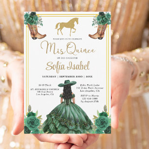 Floral Emerald Green Gold Boots Horse Quinceanera Kaart
