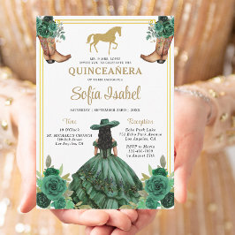 Floral Emerald Green Gold Boots Horse Quinceanera Kaart
